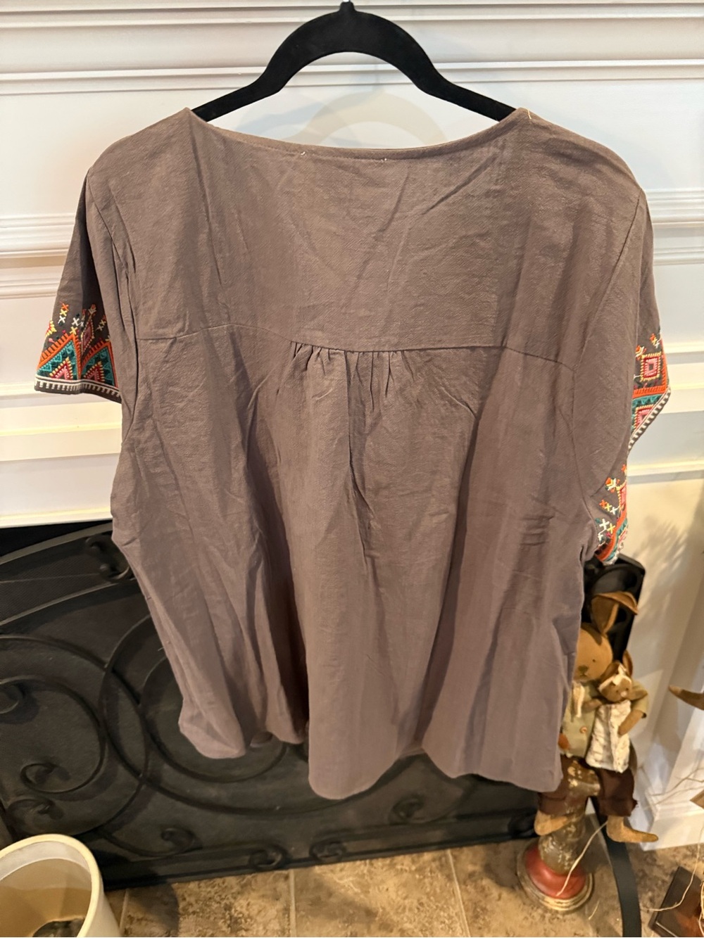 Savanna Jane Gray Embroidered Boho Blouse with Pink & Teal Floral Accents - Picture 2 of 5